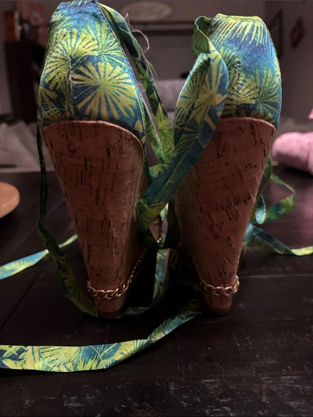 Shoe Dazzle Tropical Green & Teal Wrap Wedge Sandals